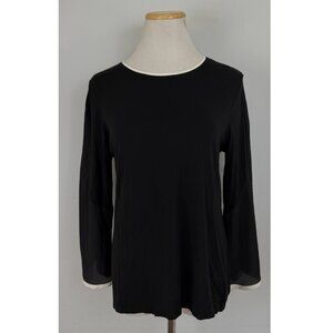 Chicos Top Size 0 NEW Black/White Piping Trim Top Fine Knit - flare 3/4 length s